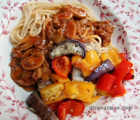 spageti dengan sayur panggang